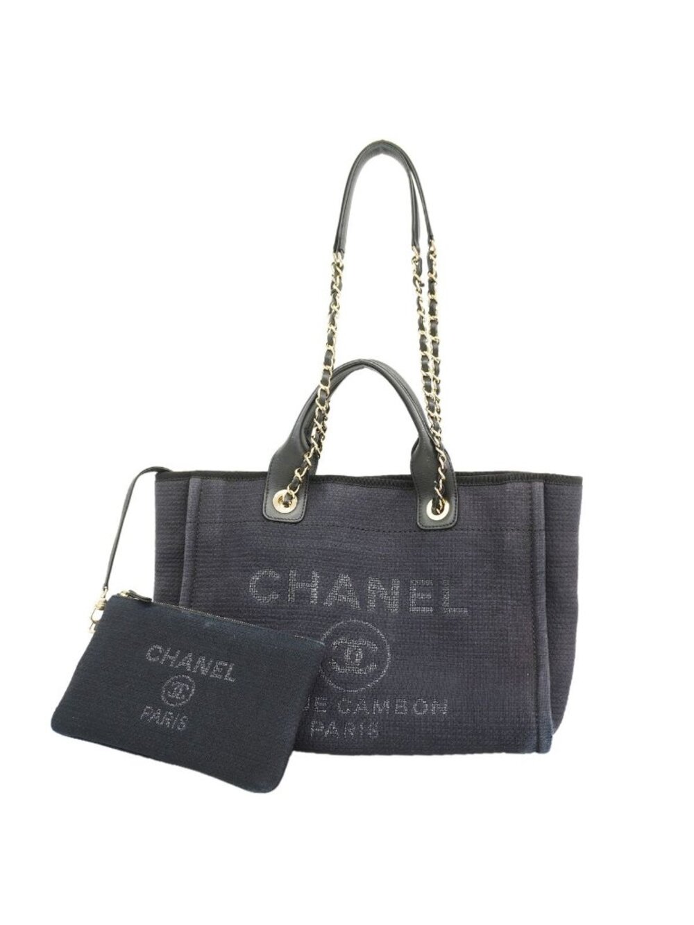 Chanel Chain Tote Bag Deauville Canvas Black Champagne Gold